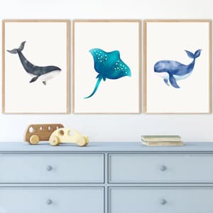 Sea Animals Nursery Decor Watercolor Digital Print Under The Sea Theme Nursery Whale Print Stingray Art Marine Theme Wall Art