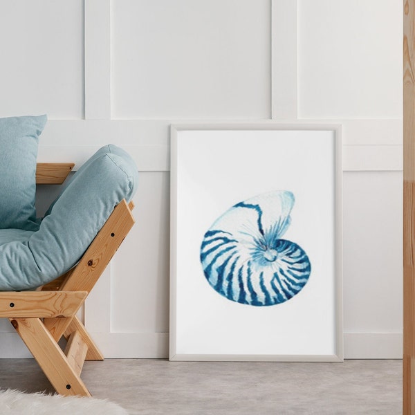 Nautilus shell print coastal wall art blue white prints nautilus art beach house decor shell art print blue and white wall art nautical art