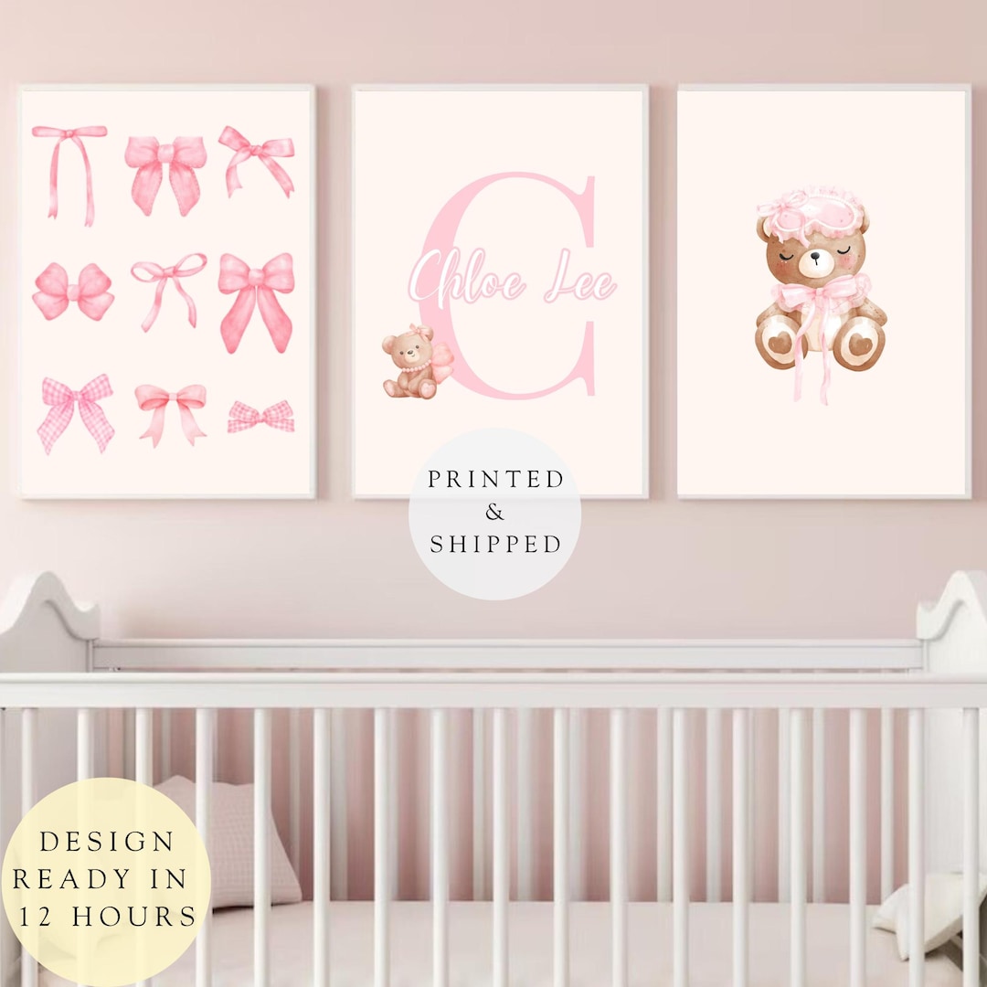 Personalized Pink Bow Nursery Name Print Set of 3 Girls Wall Art Pink ...
