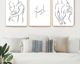 Couple Line Art Drawing Couple Line Art Print Set of 3 Minimalist Love Wall Art Bedroom Above Bed Partner Gift Anniversary Couple Wall Art