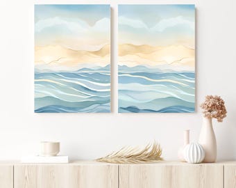 Coastal Watercolor Ocean Print Set of 2 Teal Ocean Waves Wall Decor Minimalist Abstract Wall Art Bedroom Beach House Decor Vacation Home