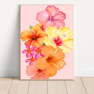 Stampa artistica da parete con ibisco, stampa artistica hawaiana con fiori tropicali, poster da parete per dormitori, decorazione Good Vibe, stampa con ibisco rosa e arancione, stampa con fiori Aloha