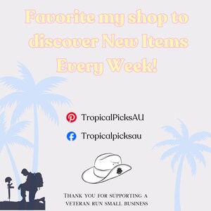 May include: Light background with text that reads "Favorite my shop to discover New Items Every Week!" and social media icons. A cowboy hat illustration is also present, along with a silhouette of a soldier and text that reads "Thank you for supporting a veteran run small business."
