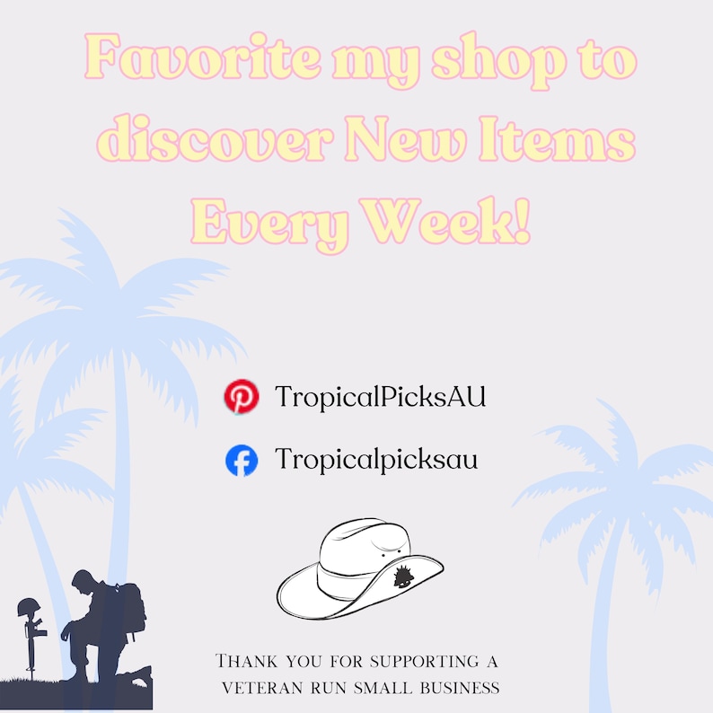 May include: Light background with text that reads "Favorite my shop to discover New Items Every Week!" and social media icons. A cowboy hat illustration is also present, along with a silhouette of a soldier and text that reads "Thank you for supporting a veteran run small business."