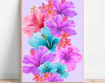 Hibiscus Flower Print Wall Art Bright Blue Tropical Home Decor Hawaiian Botanical Art New Home Gift Beach House Print Boho Floral Wall Art