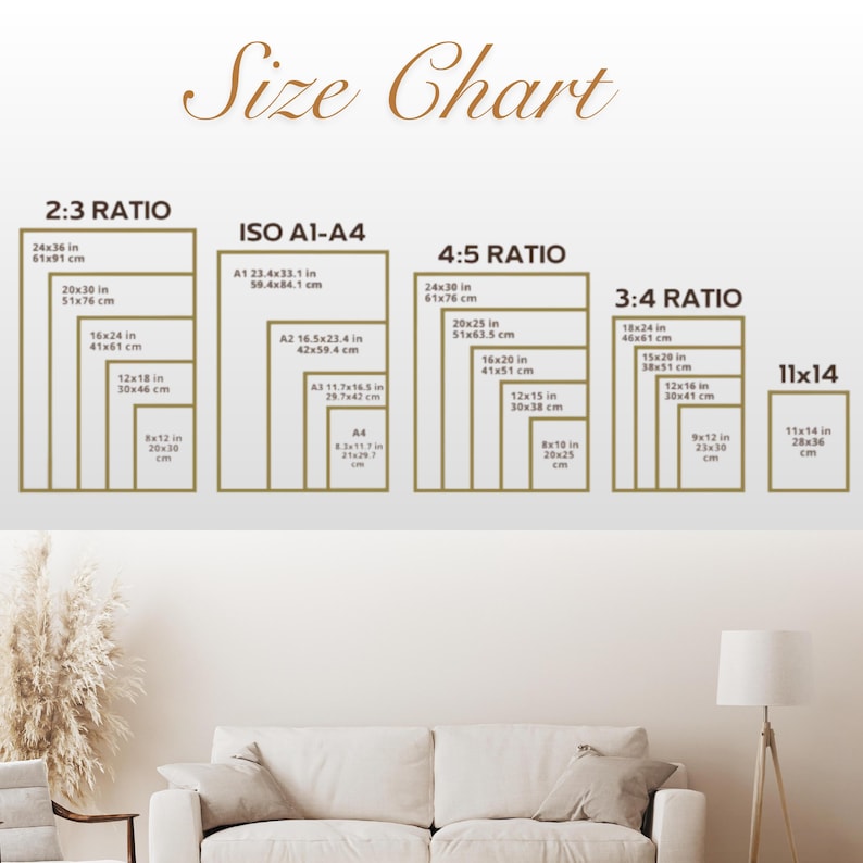 May include: A size chart with dimensions in inches and centimeters. The chart displays various aspect ratios, including 2:3, ISO A1-A4, 4:5, 3:4, and 11x14, with corresponding measurements. The text "Size Chart" is at the top.