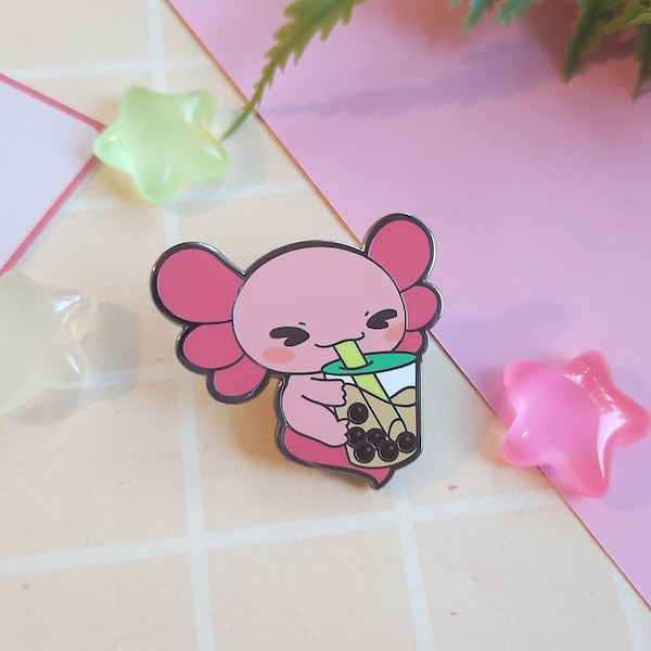 Cute Axolotl Boba Buddy Enamel Pin | Kawaii Aesthetic Chibi Animal Drinking Bubble Tea Lapel Pin | Unique Brooch for Bag, Backpack, Jacket