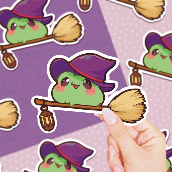 Froggy Witch Cute Halloween Waterproof Vinyl Sticker | Spooky Kawaii Froggy on Broom Stick Sticker for Laptop, Notebook, Water Bottle, etc