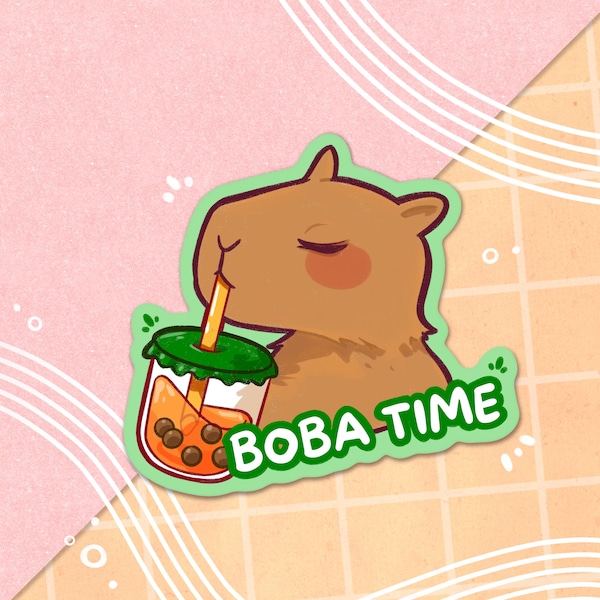 Boba Time Capybara Sticker | Kawaii Bubble Tea Drink Waterproof Vinyl Sticker | Cute Aesthetic Stationery for notebook, water bottle, etc.