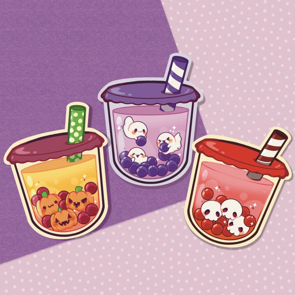 Spooky Halloween Boba Vinyl Waterproof Stickers | Kawaii Ghost, Skeleton Skull, Pumpkin Jack-o-Lantern | Bubble Tea Drink | Cute Goth Vibes