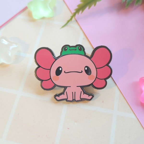 Axolotl with Froggy Friend Hard Cute Enamel Pin | Kawaii Frog Lapel Badge | Unique Amphibian Kawaii Animal Brooch | Collectible gift