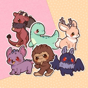 Cute Cryptids Sticker Pack Waterproof Vinyl Stickers | 6 Chibi Monsters Set | Kawaii Fantasy Animal Stationery