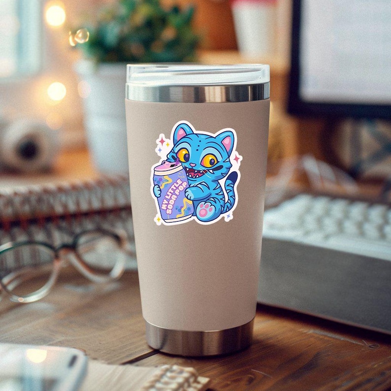 K&ouml;nnte beinhalten: Ein Aufkleber mit einer blauen Cartoon-Katze, die eine Soda-Dose mit dem Text "My Little Soda Pop" h&auml;lt. Die Katze hat gelbe Augen und ist von Glitzer umgeben. Der Aufkleber befindet sich auf einem Edelstahlbecher.
