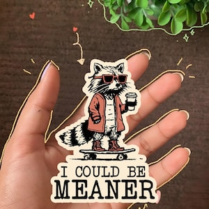 K&ouml;nnte beinhalten: Ein Aufkleber mit einem Waschb&auml;ren mit Sonnenbrille, roter Jacke und Stiefeln, der einen Kaffeebecher h&auml;lt und auf einem Skateboard steht. Der Aufkleber hat den Text "I COULD BE MEANER" in fetter Schrift.