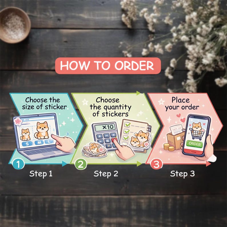May include: An illustrated guide with three steps to order stickers. Step 1: Choose sticker size on a laptop. Step 2: Select quantity with a calculator. Step 3: Place order on a smartphone. The text "HOW TO ORDER" is at the top.