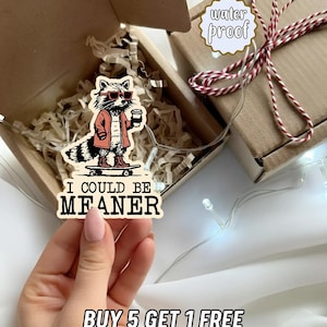 K&ouml;nnte beinhalten: Ein wasserfester Aufkleber mit einem Waschb&auml;ren mit Sonnenbrille, Jacke und Kaffeetasse auf einem Skateboard. Der Text "I COULD BE MEANER" steht darunter. Der Aufkleber befindet sich in einer Geschenkbox.