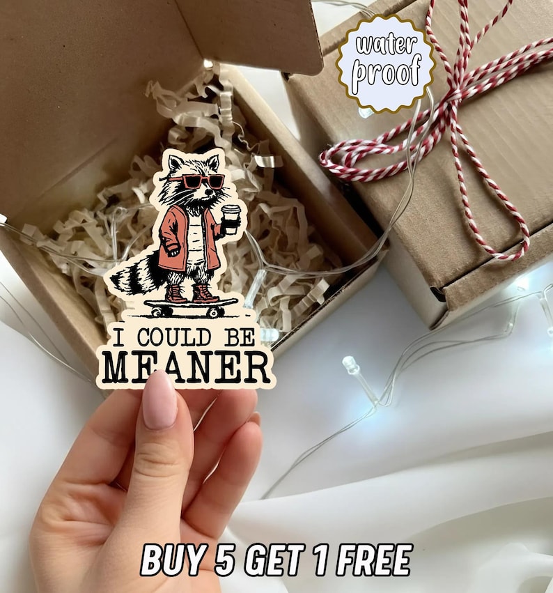 K&ouml;nnte beinhalten: Ein wasserfester Aufkleber mit einem Waschb&auml;ren mit Sonnenbrille, Jacke und Kaffeetasse auf einem Skateboard. Der Text "I COULD BE MEANER" steht darunter. Der Aufkleber befindet sich in einer Geschenkbox.