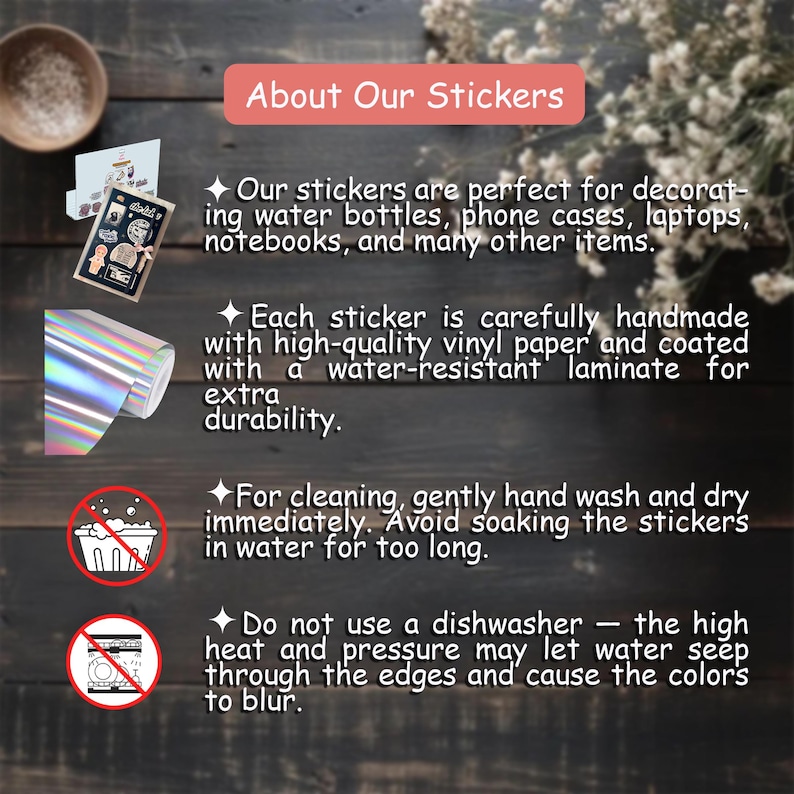 May include: Image with text "About Our Stickers" and instructions. Includes a roll of holographic vinyl, stickers, and icons. The text describes the stickers' durability, cleaning, and care instructions.
