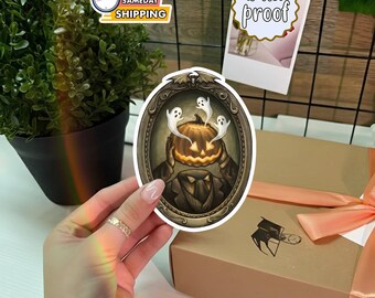 Haunted Pumpkin Head Sticker, Cute Pumpkin Halloween Decal, Spooky Season Vinyl Sticker, Waterproof Fall Gift