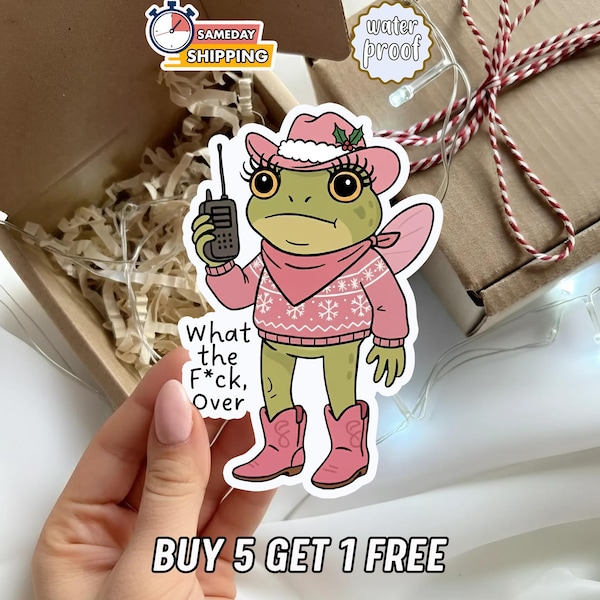 Pegatina divertida de rana navideña del oeste, vinilo de vaquera navideña, regalo retro con humor para portátil.