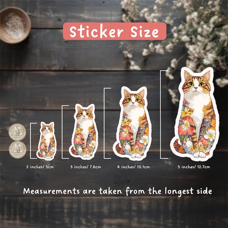 May include: Cat stickers in various sizes, ranging from 2 to 5 inches. The stickers feature a detailed illustration of a cat with floral patterns. The image includes the text "Sticker Size" and measurement details.