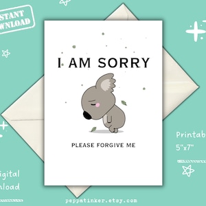 Tarjeta de disculpa de Koala triste imprimible, tarjeta de disculpa linda, tarjeta de disculpa imprimible, tarjeta de disculpa descargable, tarjeta de disculpa