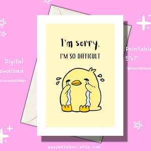 Tarjeta de disculpa de pato llorando lindo imprimible, tarjeta de disculpa linda, tarjeta de disculpa imprimible, tarjeta de disculpa descargable, tarjeta de disculpa