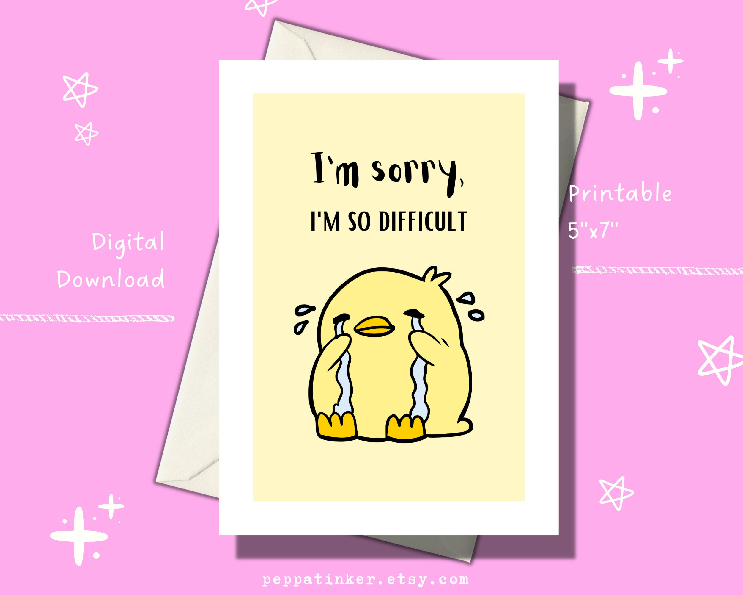 Printable Cute Crying Duck Sorry Card, Cute Apology Card, Printable