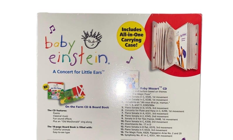 May include: Baby Einstein "A Concert for Little Ears" CD and board book set. Includes an all-in-one carrying case. The set features poems, classical music, fun sound effects, and an "Old MacDonald" sing-along.