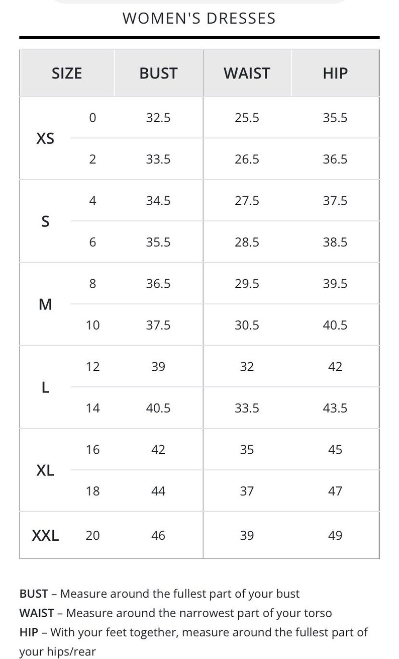 May include: A size chart for women's dresses with measurements in inches for bust, waist, and hip. The chart includes sizes XS, S, M, L, XL, XXL.