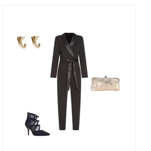 May include: A black jumpsuit with a satin lapel and a matching belt. The jumpsuit is styled with gold earrings, a gold clutch, and black mesh heels. "View details" is written below the image.