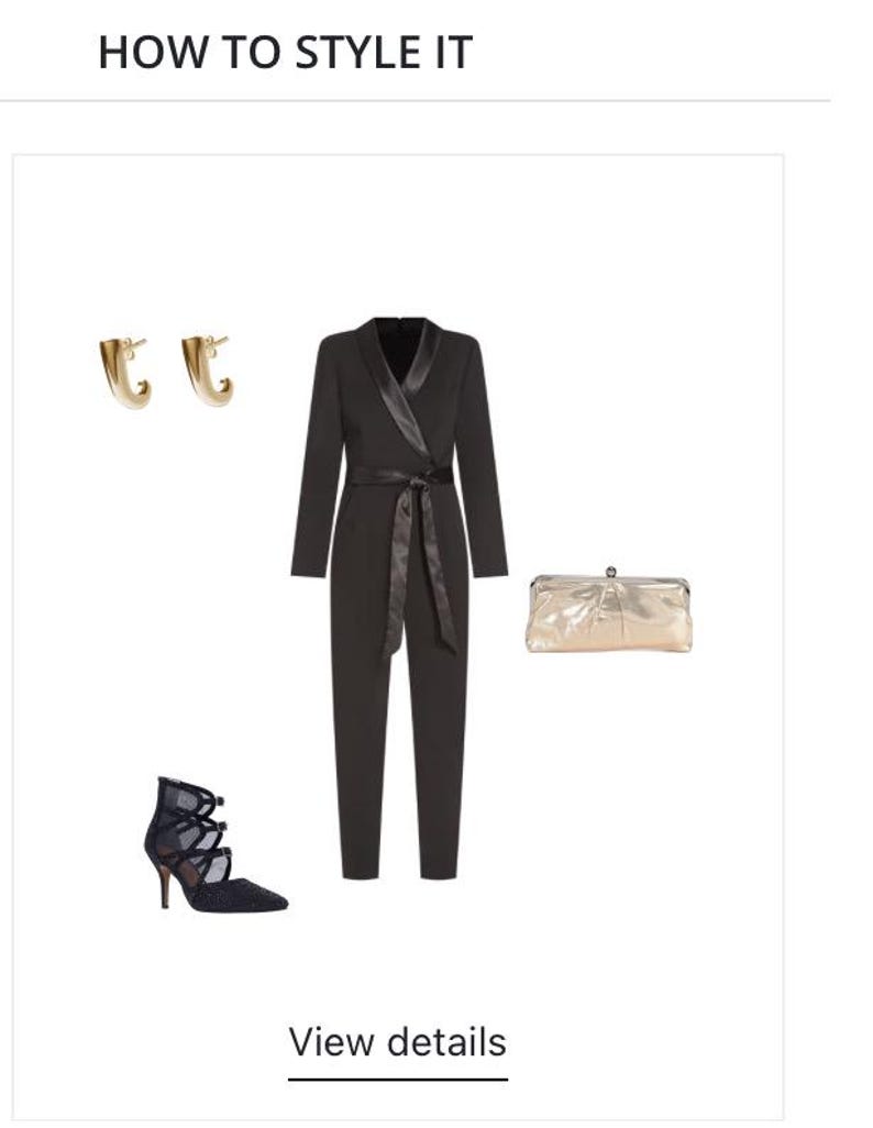 May include: A black jumpsuit with a satin lapel and a matching belt. The jumpsuit is styled with gold earrings, a gold clutch, and black mesh heels. "View details" is written below the image.