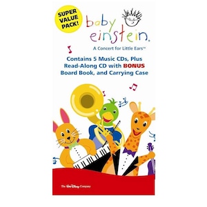 May include: A Baby Einstein "A Concert for Little Ears" CD set. The packaging features cartoon animal musicians playing instruments. The text includes "Contains 5 Music CDs, Plus Read-Along CD with BONUS Board Book, and Carrying Case."