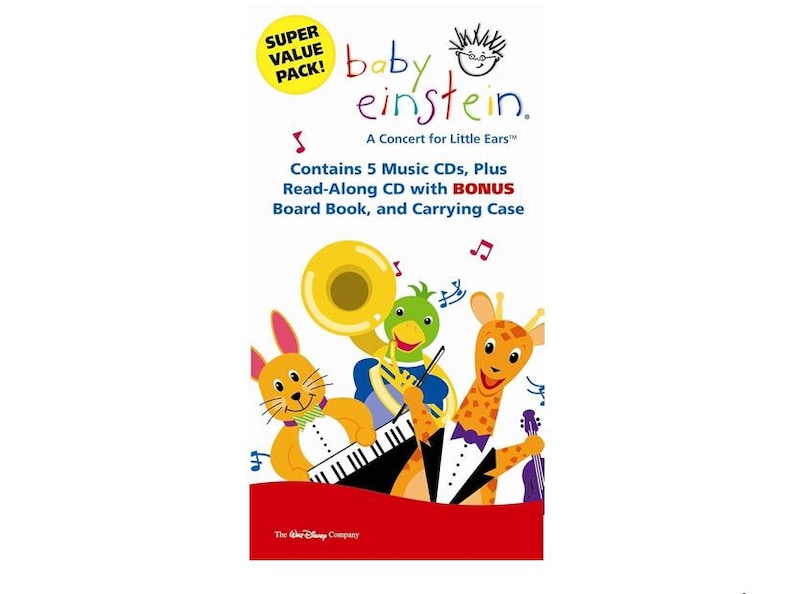 May include: A Baby Einstein "A Concert for Little Ears" CD set. The packaging features cartoon animal musicians playing instruments. The text includes "Contains 5 Music CDs, Plus Read-Along CD with BONUS Board Book, and Carrying Case."