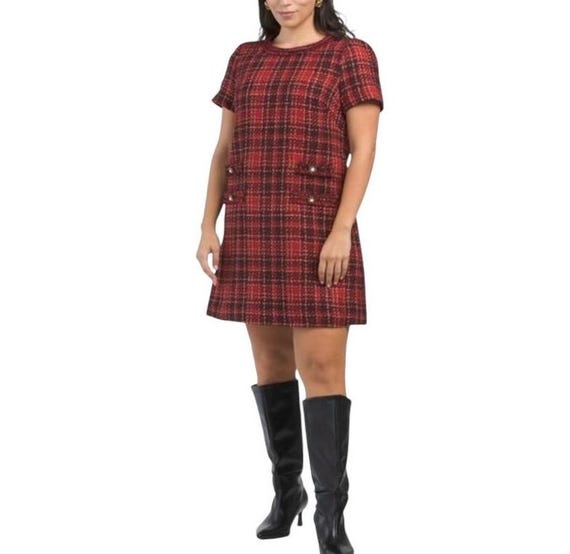 red plaid tweed dress Plaid Tweed Dress for Women with O-Neck, Long Sleeve, and Belt