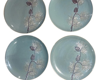 4 Vintage 2003 UDC Northwoods Turquoise Pinecone Stoneware 11” Dinner Plates