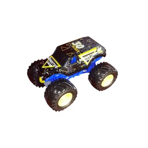 May include: A black and blue toy monster truck with large black tires and yellow rims. The truck has yellow and white text that reads "MONSTER JAM" and "50 YEARS". The truck is a toy.