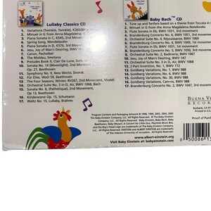 May include: Two CDs, "Lullaby Classics" and "Baby Bach," featuring classical music for children. The packaging includes track listings and a colorful rooster illustration. Buena Vista Records.