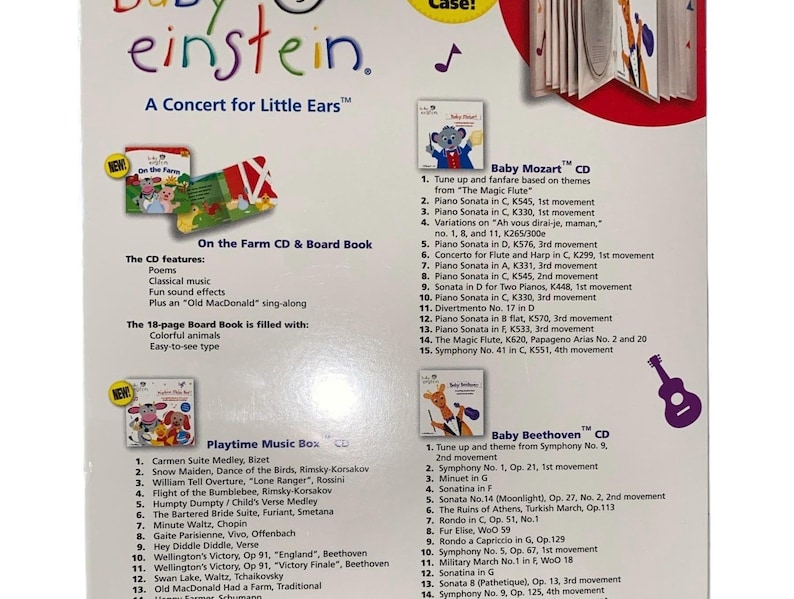May include: A Baby Einstein "A Concert for Little Ears" CD and book set. The set includes a CD with classical music and sound effects, and a board book with colorful animal illustrations. Also included are Playtime Music Box and Baby Beethoven CDs.