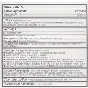 May include: A white label with black text detailing the drug facts of a sunscreen product. The label includes active ingredients, uses, warnings, directions, inactive ingredients, and other information. The text is clear and easy to read.