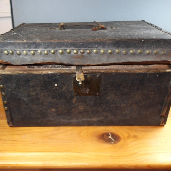 Antique Vintage Wood and Leather Hat Box or Courier Box Handmade Unique Mystery Historic Liner