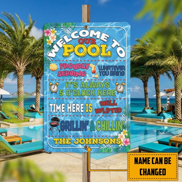 Pool House Metal Sign, Swimming Pool Sign, Personalized Sign, Pool Bar Outdoor Sign, Custom Poolside Sign Family Name, Housewarming Gift