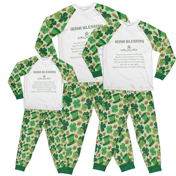 Irish Blessing Pajama Set Patrick's Day Family Pajamas Set Irish outfit Group Shamrock Celtic Pattern  Sleepwear Pjs Sets Raglan Shirt