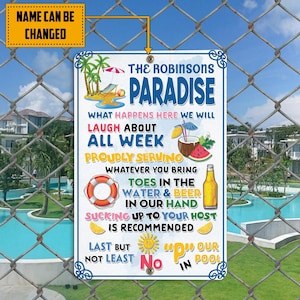 Personalized Paradise Swimming Pool Metal Sign, Swimming Pool Sign, Pool Bar Outdoor Sign, Poolside Sign Family Name, Housewarming Gift