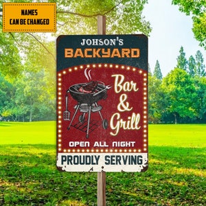 Personalized Bar & Grill Classic Metal Sign, Smoke House Metal Sign, BBQ Sign, Grill Sign, Patio Backyard Sign Decor, Dad Gift, Father&#39;s Day