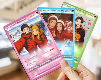 Aangepaste animekaart onze eerste verjaardag, aangepaste fotoporkaart voor stel, trouwkaart, eerste kerstcadeau voor hem, Valentijnsdagcadeau