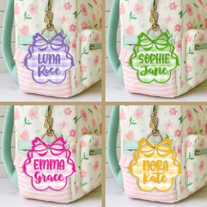 Custom Kids Name Keychain, Coquette Backpack Name Tag, Kids Girl Bow Keychain, Diaper Bag, Lunchbox Name Tag, School Keychains for Daughter