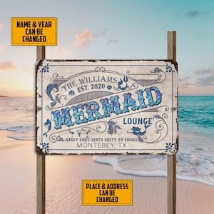 Personalized Mermaid Salty By Choice Metal Sign, Swimming Pool Sign, Beach Bar Outdoor Sign, Beach House Sign Family Name, Housewarming Gift