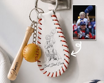 Personalized Portrait Leather Keychain,Custom Photo Baseball Keychain,Father's Day Gift for Dad,Papa Sketch Keychain,Best Dad Gift from Kids