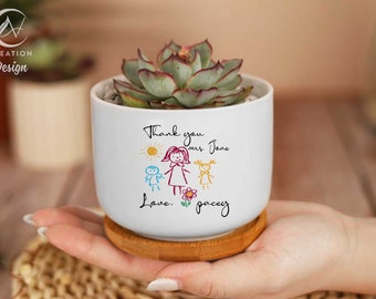 Personalized Thank You Teacher Garden Flower Pot Child's Artwork Succulent Mini Planter Pot Teacher Plant Pot Gift for Teacher